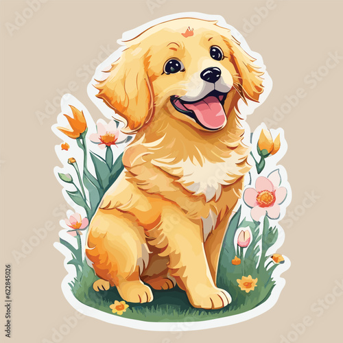 Cute Baby Golden Retriever Dog Watercolor Sticker Art Illustration Vector Design