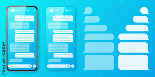 Realistic smartphone with messaging app on colorful blue background. Blank SMS text frame. Chat screen with transparent message bubbles. Social media application. Vector illustration
