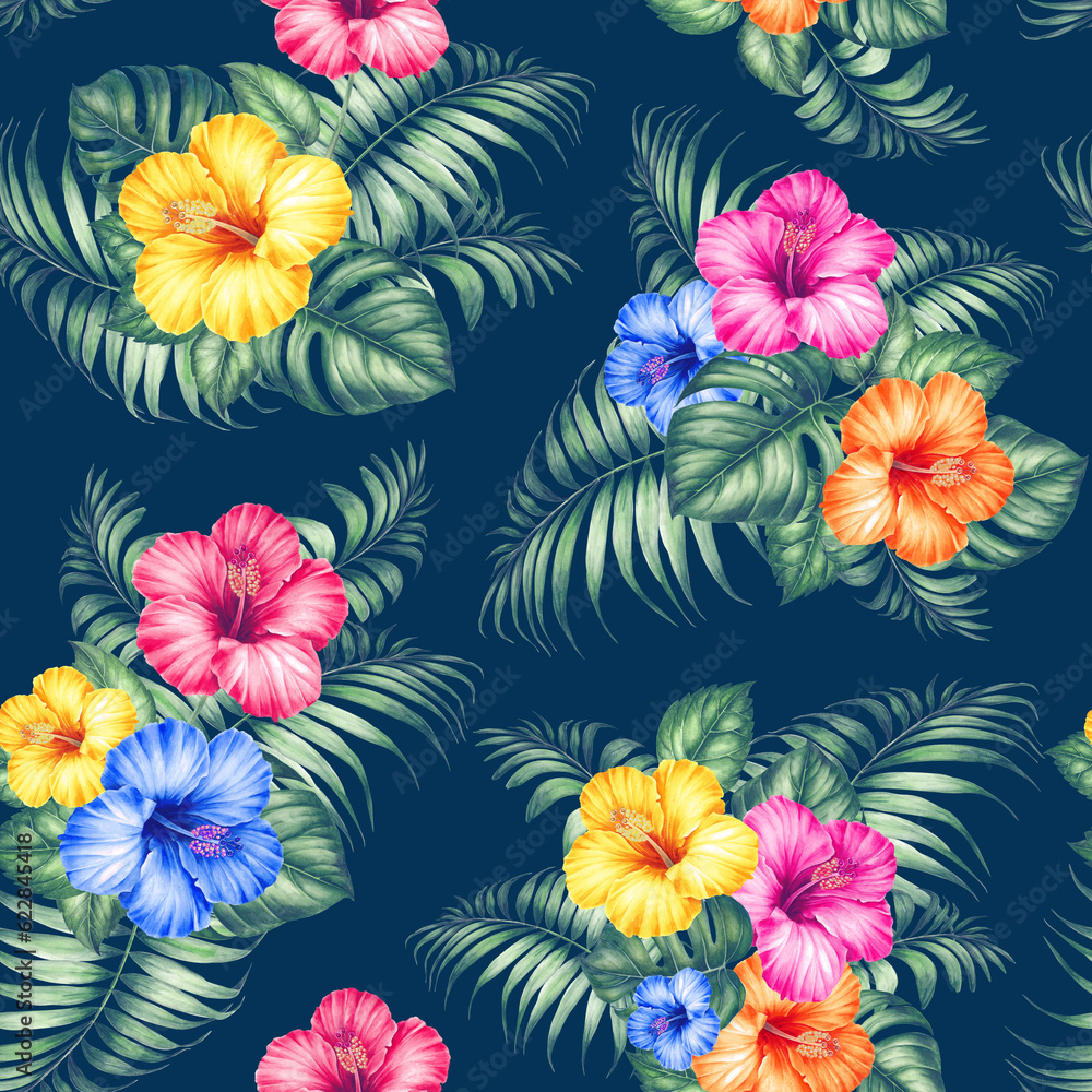 Tropical seamless pattern. Watercolor flowers