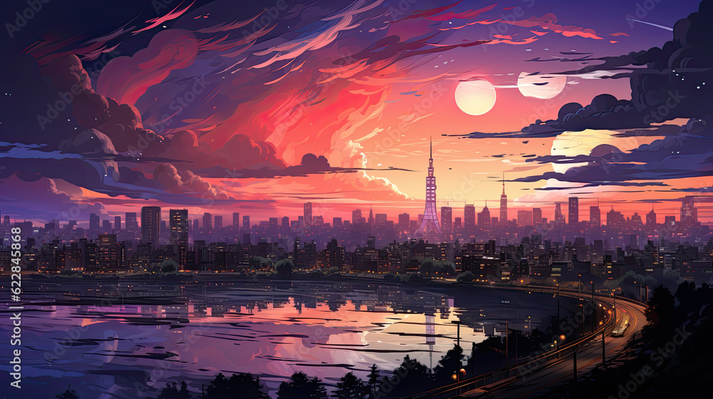 Fototapeta premium A painting of a sunset over a city. Generative AI.