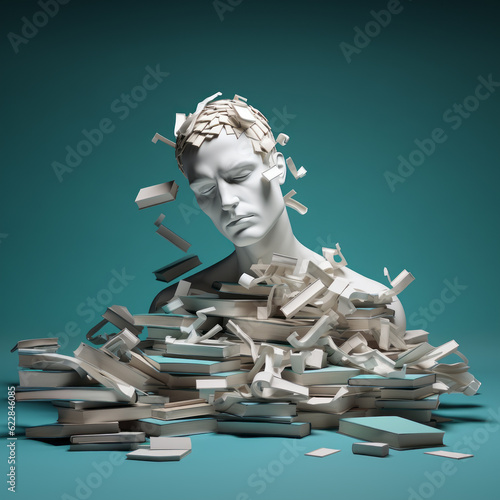 A mannequin of a man with books in shades of blue, green and grey. A surreal composition about education, reading, knowledge and studying. One peaceful mind, for book lovers. Generative AI.