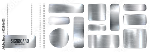 Metal banners hanging on a chain. Realistic shiny steel plate with screws. Polished silver metal surface. Vector illustration