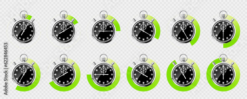 Realistic classic stopwatch. Shiny metal chronometer, black time counter with dial. Green countdown timer showing minutes, seconds. Time measurement for sport, start and finish. Vector illustration