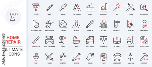 Slika na platnu Home repair and decoration red black thin line icons set vector illustration
