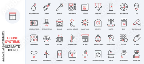 Remote surveillance air conditioner, electrical appliances and device to control energy, temperature lighting, refrigerator. Smart home systems trendy red black thin line icons set vector illustration