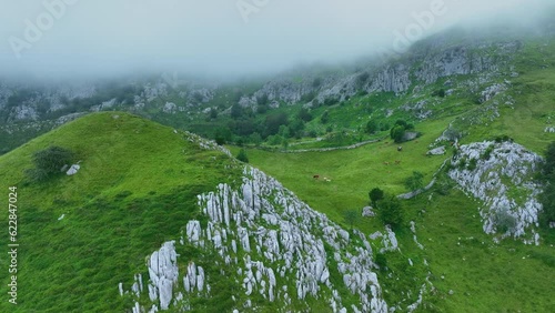 Aerial view from a drone. Spring landscape in the port of Los Machucos, in the surroundings of the village of San Roque de Riomiera. Valleys Pasiegos, Cantabria, Spain, Europe photo