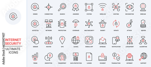 Cybersecurity system, hosting on server, accepted secure wireless connection global GPS, data update protection with shield. Online security trendy red black thin line icons set vector illustration.
