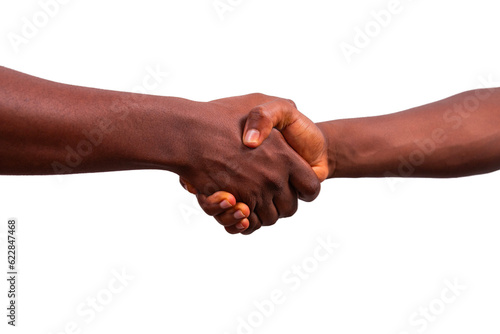 Handshake between two African people, hands isolated on transparent background