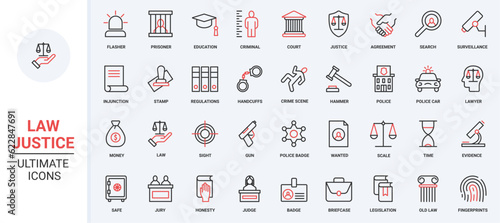 Documents for agreement and judgment, legal system badges and symbols, judge gavel and injunction, police station and prison. Law and justice trendy red black thin line icons set vector illustration.