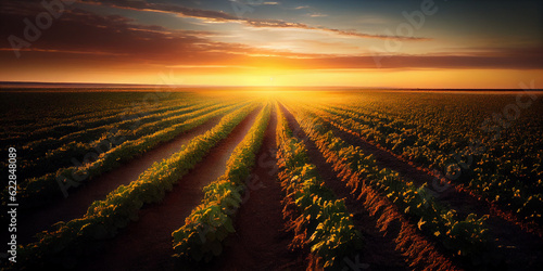 green growing plants on an agricultural field in the rays of the rising sun. Generative AI