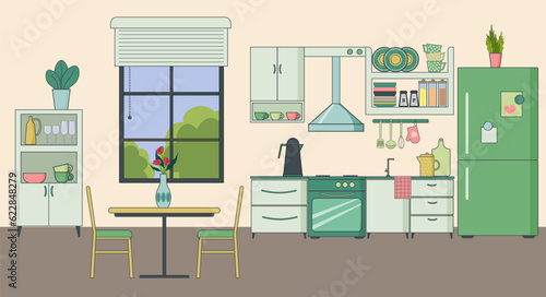 Kitchen interier. Stylish and modern design. Window with shutters, table and chairs, refrigerator, shelves and cabinets with dishes. Vector. For the design of flyers, brochures and furniture stores