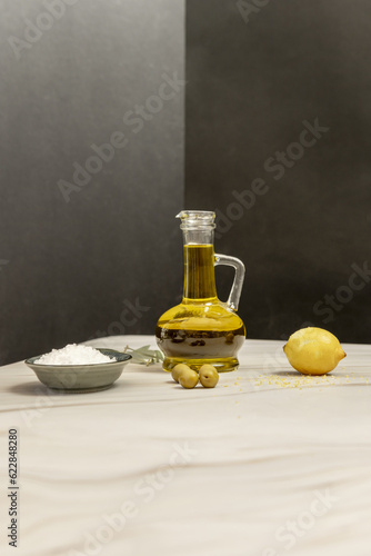 A glass bottle filled with Spanish olive oil