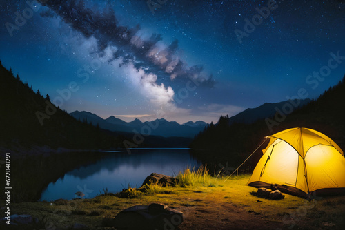 Summer camping in the mountains. Tents in the night with the starry sky and clouds in the background.