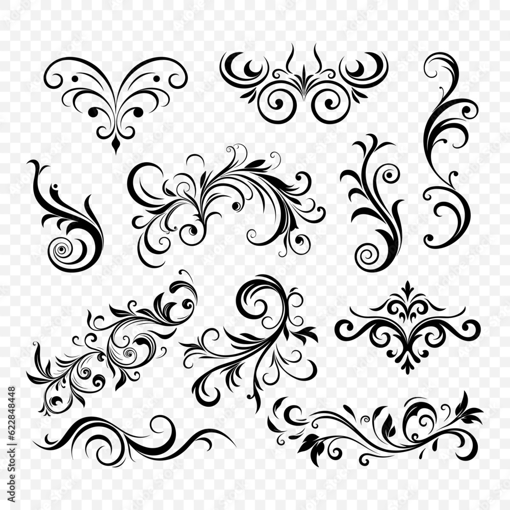 Vector Vintage Decorative Swirls, Scrolls, Floral Calligraphic Design Elements, Frames , Flourishes, Borders, Dividers. Retro Curls and Filigree Ornaments, Isolated - obrazy, fototapety, plakaty 