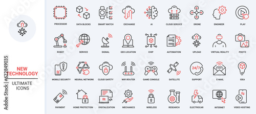 Vector illustration of trendy red black thin line icons set technology future, including modern innovations smart home digitization, AI neural network, robots drones, security service digital data.