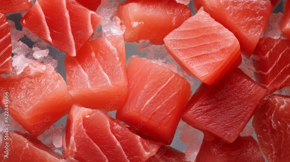 Salmon slices in ice cubes. Freshly frozen red fish cut for cooking. Salmon red meat for a fish dish. Created in ai. Salmon slices in ice cubes. Freshly frozen red fish cut for cooking. Salmon red meat for a fish dish. Created in ai.