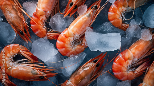King prawns in ice cubes on a storefront in the fish department. Black Sea shrimps, fresh frozen, for a fish shop or for an advertising banner. Created in ai.