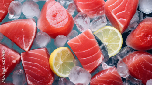 Farel slices in ice cubes with lemon wedges. Freshly frozen pieces of red fish. Dietary salmon meat in ice cubes. Created in ai. photo