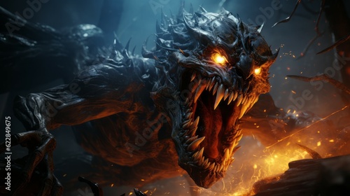 Angry demon in the fire of destruction. Angry creature from hell with a growl giving a death stare. Beast causes chaos and destruction on a fire background. Fictional scary character with a grin. .