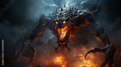 Angry demon in the fire of destruction. Angry creature from hell with a growl giving a death stare. Beast causes chaos and destruction on a fire background. Fictional scary character with a grin. .