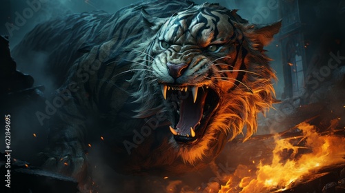 Furious tiger in the fire of destruction. Angry furry tiger with a growl giving a death stare. Cat like beast causes chaos and destruction on a fire background. Fictional scary character with a grin.