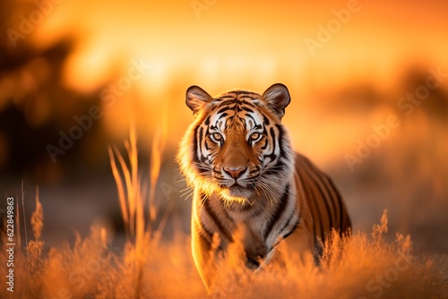 Front view of tiger looking serious at camera under sunset golden light © Pajaros Volando