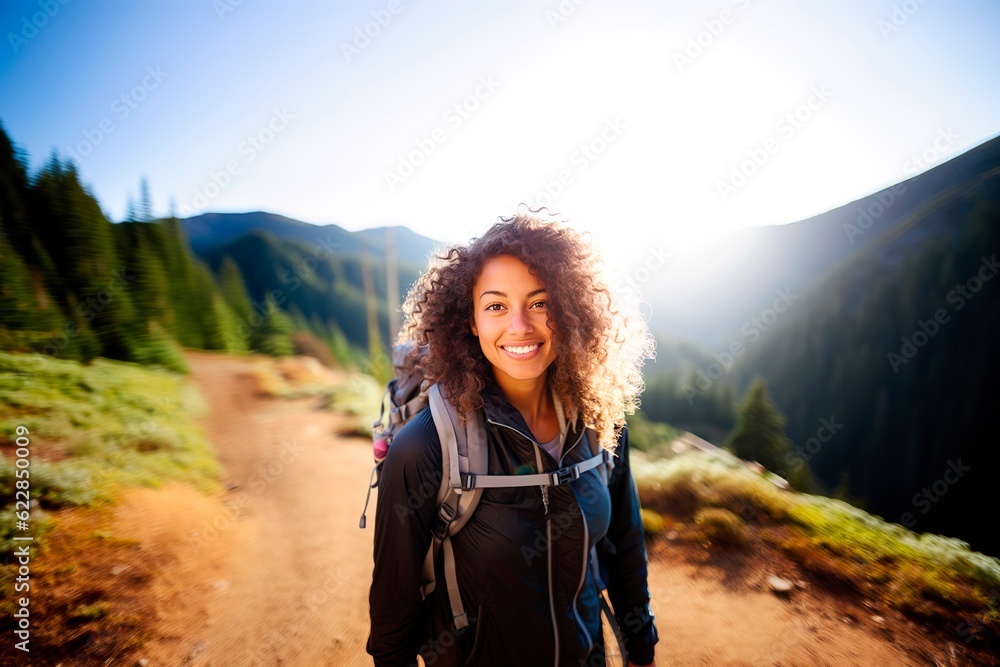 Young Afro-American woman backpacker exploring the forest alone on a sunny day