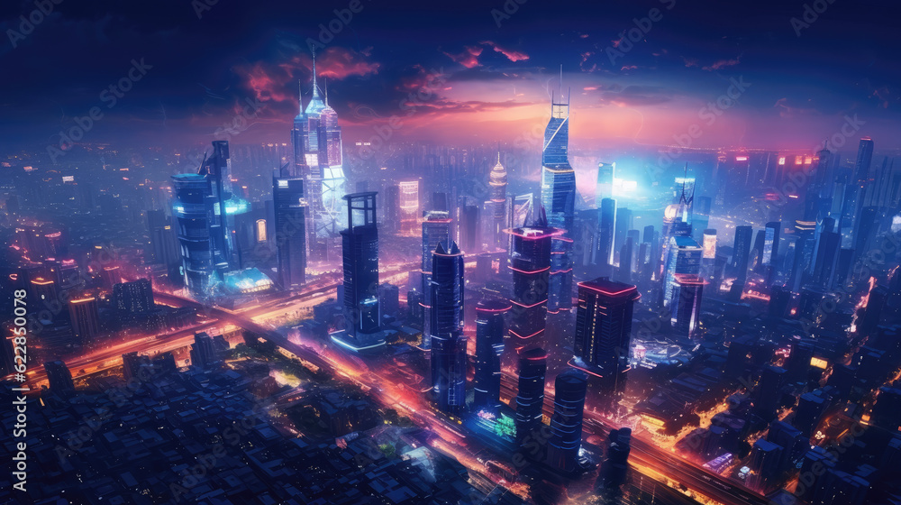 Fototapeta premium A active futuristic cityscape at night, illuminated by neon lights