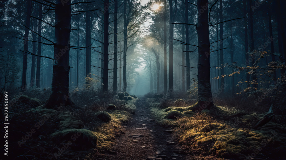 Fototapeta premium A dense, eerie forest with ancient, towering trees