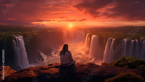 Back view of woman sitting on top of the mountain looking at stunning panoramic view of huge waterfalls at sunset