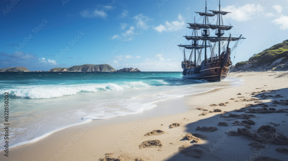 A tranquil beach with crystal-clear water and white sand and pirate ship docking A tranquil beach with crystal-clear water and white sand and pirate ship docking