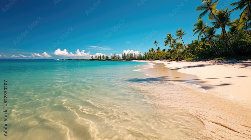 A tranquil exotic beach with crystal-clear water and white sand