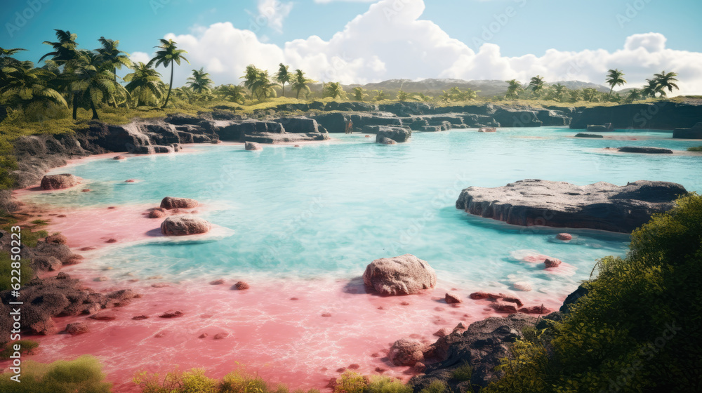 A unique tropical landscape with a blue lagoon and pink sand