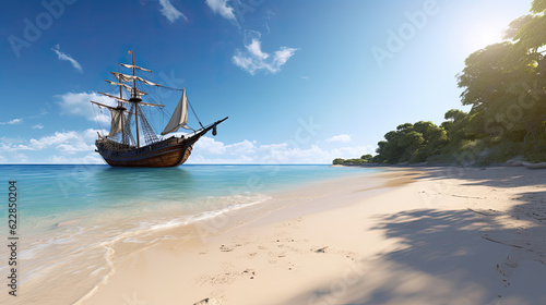A tranquil beach with crystal-clear water and white sand and pirate ship