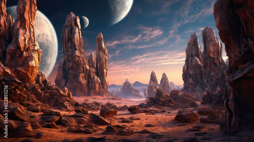 A unique alien landscape with strange rock formations and a sky filled with multiple moons
