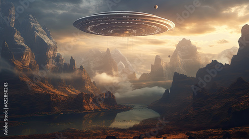 An alien landscape with mountains an UFO that floats in the air