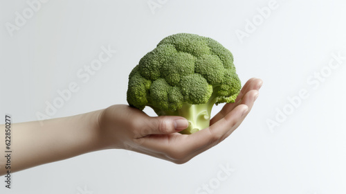 Isolated Broccoli in a hand on a white background. Vegetarian products created in AI.