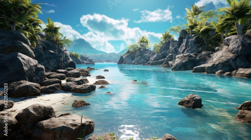 An exotic tropical landscape with a turquoise lagoon and unique rock formations