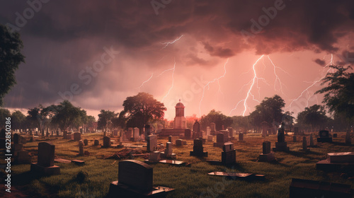 An old, decrepit graveyard under a stormy sky, with a red lightning bolt illuminating the scene