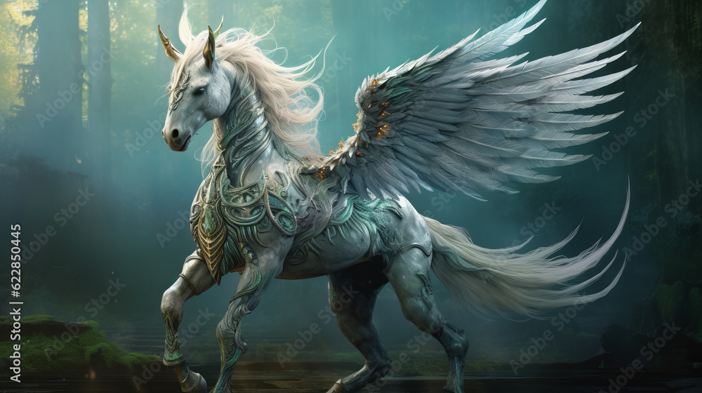 Mythical creature unicorn in expensive armor. Gorgeous Pegasus with huge wings and a horn in flight. Painted powerful unicorn in all its glory. A horse created in ai. Mythical creature unicorn in expensive armor. Gorgeous Pegasus with huge wings and a horn in flight. Painted powerful unicorn in all its glory. A horse created in ai.