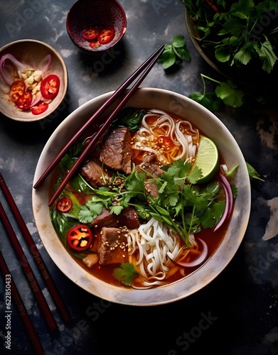 Pho Bo vietnamese soup with beef and rice noodles on dark background, AI generated