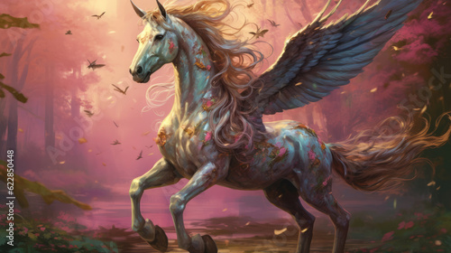 Mythical creature unicorn in expensive armor. Gorgeous Pegasus with huge wings and a horn in flight. Painted powerful unicorn in all its glory. A horse created in ai.