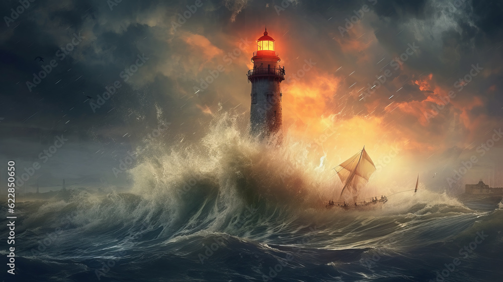 Lighthouse in the ocean during a storm with a thunderstorm and large sea waves. Created in AI.
