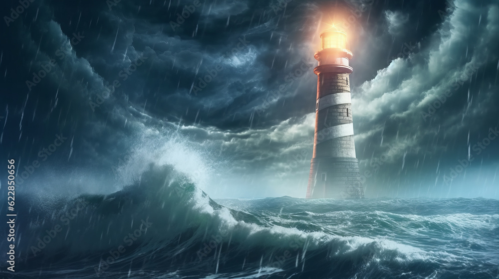 Lighthouse in the ocean during a storm with a thunderstorm and large sea waves. Created in AI.