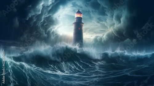 Lighthouse in the ocean during a storm with a thunderstorm and large sea waves. Created in AI. © Ренат Хисматулин