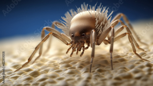 Macro photography of a dust mite that lives in carpets and human clothing. Parasite on the fur of an animal. Created in ai.