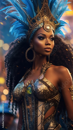 Beautiful and sexy girl with dark skin and curly hair. Brazilian parade with a dancer in an open dress made of feathers, and in a chic caron. Created in ai.