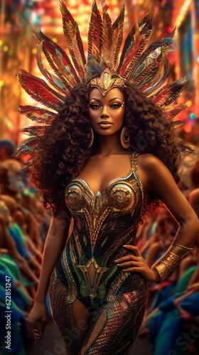 Beautiful and sexy girl with dark skin and curly hair. Brazilian parade with a dancer in an open dress made of feathers, and in a chic caron. Created in ai.