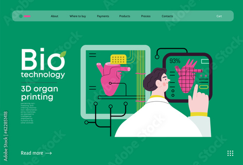 Bio Technology, 3D organ printing -modern flat vector concept illustration of 3D printer creating a human heart. Metaphor of technology in organ transplantation and the future of regenerative medicine