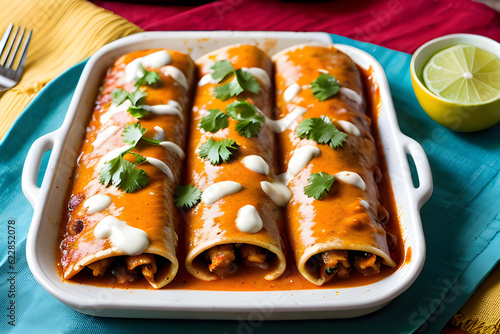 Delightful image of a tasty enchiladas plate, AI generated